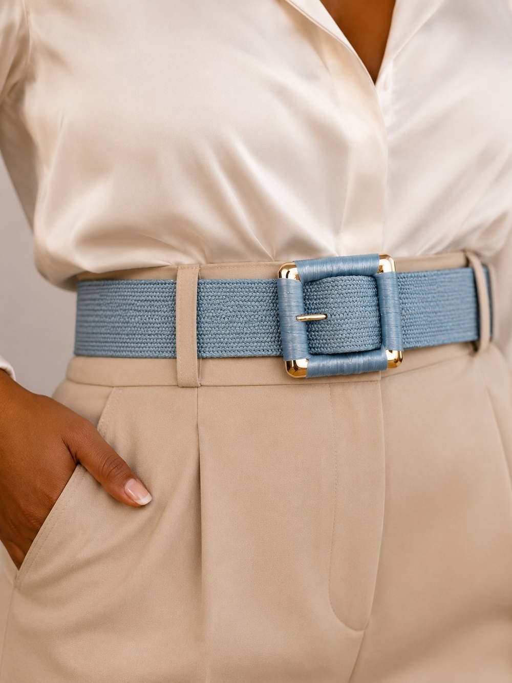 Light Blue Woven Waist Belt with Gold-Tone Buckle - Picture 2 of 9